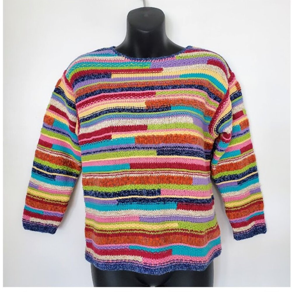 Girls Colorful Patchwork Stripe Long-Sleeve Knit Sweater Size 8 Cozy Whimsical